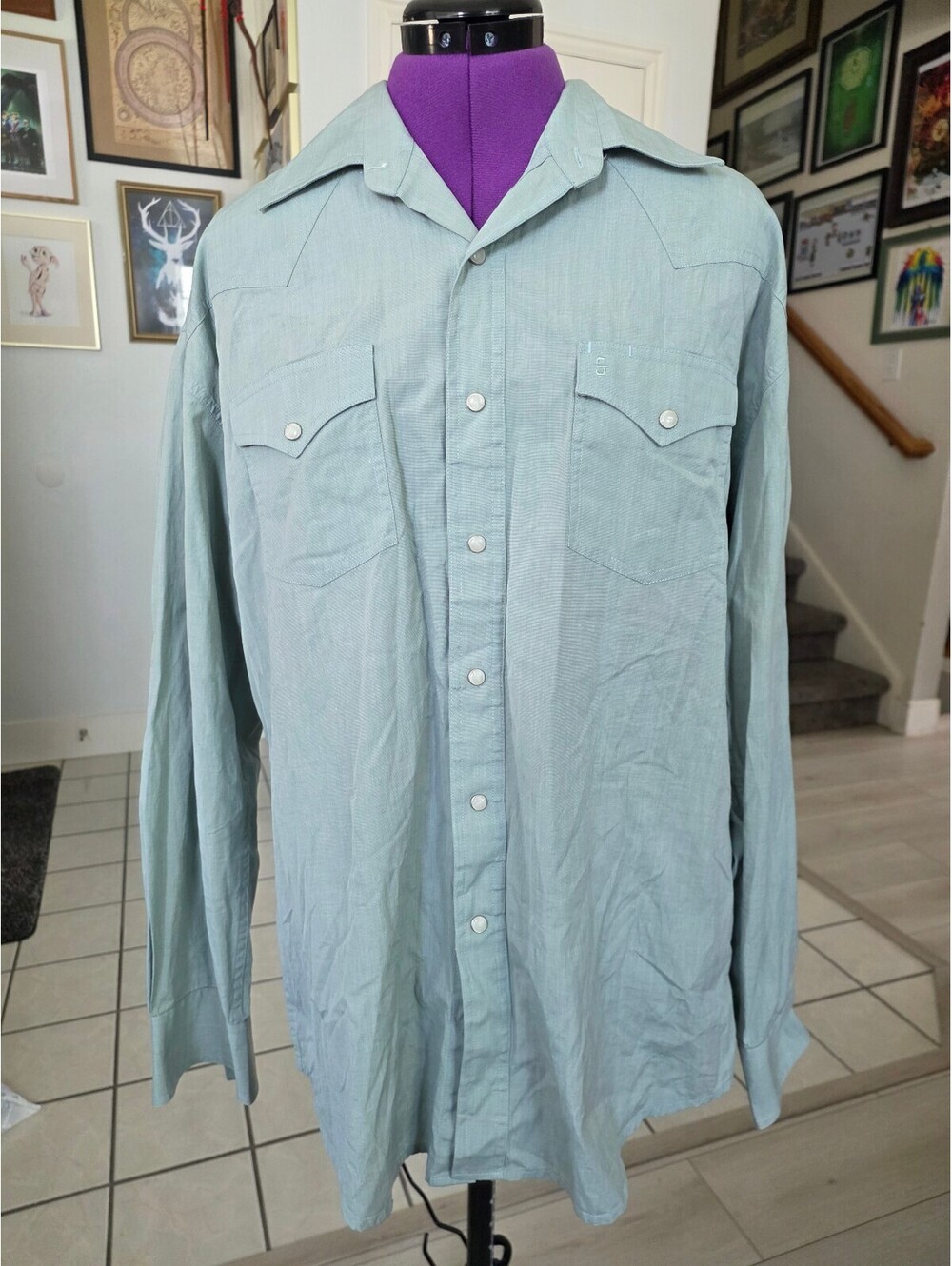 Mens Stetson End on End 100% Cotton size Large long sleeve snap button up top